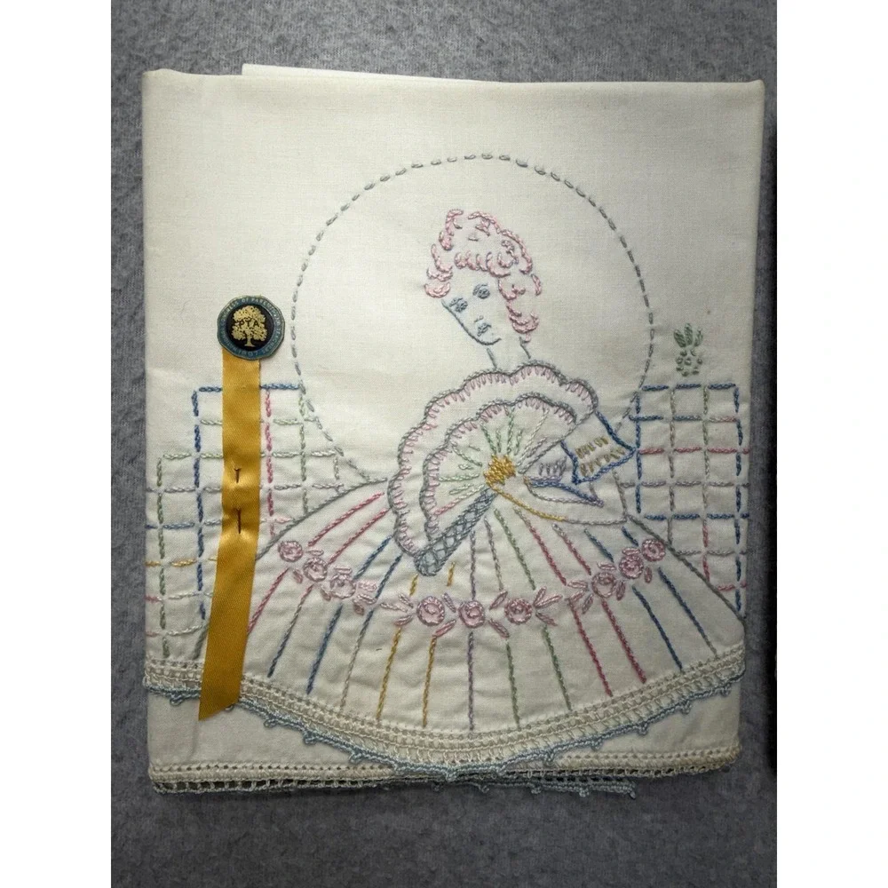 Vintage Hand Embroidered Pillowcases Set 2 Lady Fan White Standard PTA Pin